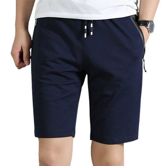 SWSMCLT Men's Cotton Shorts Soft Summer Mid Rise Casual Bermuda Walking Shorts Pockets Cool Drawstring Elastic Waist Dark Blue Small