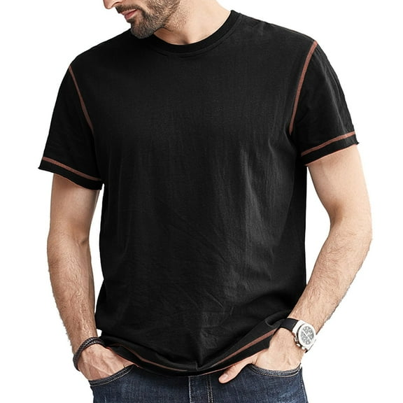SWSMCLT Men's Cotton T Shirt Fashion Classic Summer Soft Light Short Sleeve Comfy Slim Fit Top Contrast Color T-Shirt Black Large