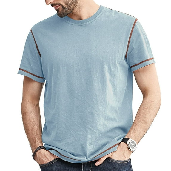 SWSMCLT Men's Cotton T Shirt Fashion Classic Summer Soft Light Short Sleeve Comfy Slim Fit Top Contrast Color T-Shirt Light Blue Small