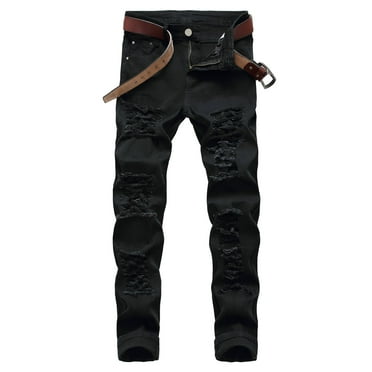 Jinda Men's Denim Trousers Slim Fit Jeans Chic Stretch Straight Mid Rise Ripped Distressed Black 28
