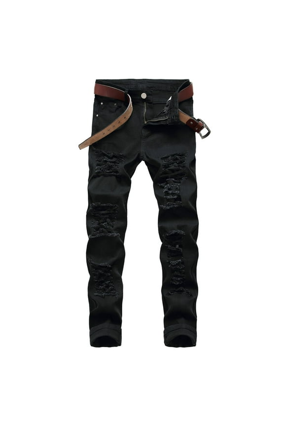 Jinda Men's Denim Trousers Slim Fit Jeans Chic Stretch Straight Mid Rise Ripped Distressed Black 42