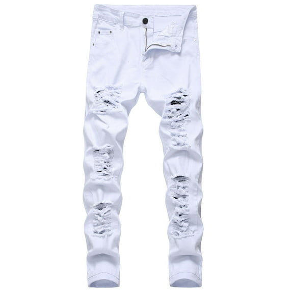 Jinda Men's Denim Trousers Slim Fit Jeans Chic Stretch Straight Mid Rise Ripped Distressed White 32