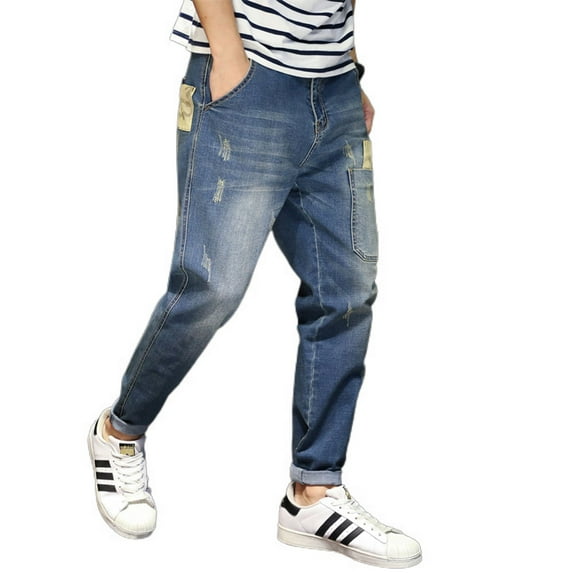 Jinda Men's Distressed Jeans Ankle Pants Stretch Tapered Chic Pull On Harem Pants Light Blue 28