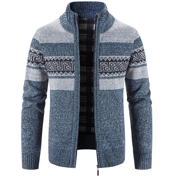 Jinda Men's Full Zip Cardigan Sweater Warm High Neck Slim Fit Long Sleeve Cable Knit Cardigan Thick Striped Sweater Jacket Blue 38