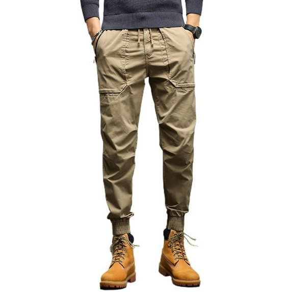 SWSMCLT Men's Drawstring Summer Elastic Waist Harem Trousers Ankle Pants Winter Fashion Work Utility Pants Khaki 32