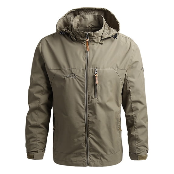 Jinda Men's Hooded Rain Jacket Run Raincoat Lightweight Zip Up Hiking Workout Rain Coat Khaki 38