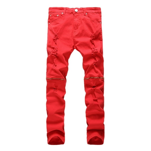 SWSMCLT Men's Pocket Denim Pant Jeans Ripped Pants Long Trousers Slim Fit Travel Straight Leg Stretch Mid Rise Red 32
