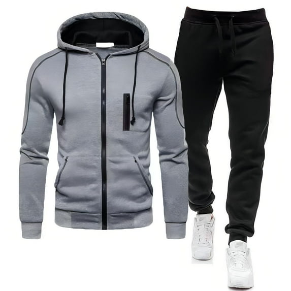 Jinda Men's Jogging 2 Piece Outfits Active Suits Long Sleeve Hoodie Zip Up Casual Jogger Snow Winter Comfy 2 Piece Pant Set Light Grey Medium