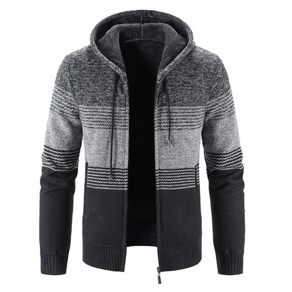Jinda Men's Knit Cardigan Sweater Outerwear Hooded Zip Up Long Sleeve Thick Casual Drawstring Lined Pocket Knitwear Dark Grey Medium