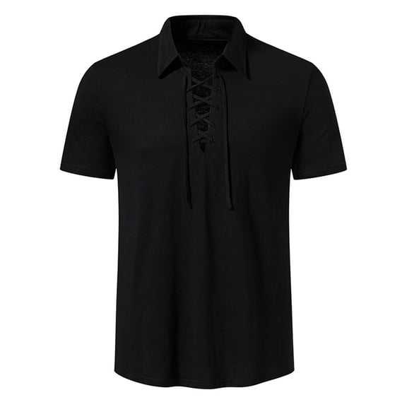 SWSMCLT Men's Slim Fit Cool Lightweight Pirate Lace Up Shirt Short Sleeve Top Summer Soft T Shirt Renaissance Medieval Collared Tshirt Black Medium