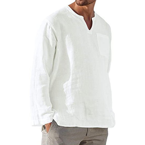 Jinda Men's Line Shirt Solid Soft Long Sleeve Top Loose Fit Pocket V Notch Neck Casual Summer Beach Cotton Shirt White Large