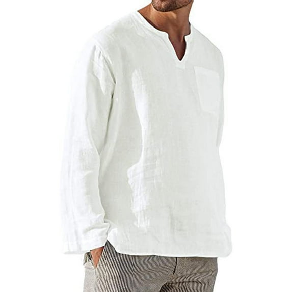 Jinda Men's Line Shirt Solid Soft Long Sleeve Top Loose Fit Pocket V Notch Neck Casual Summer Beach Cotton Shirt White Large