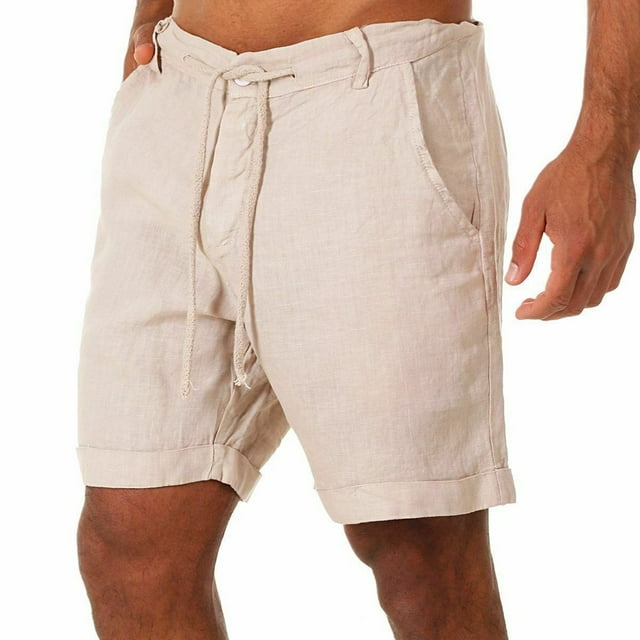 SWSMCLT Men's Cotton Beach Drawstring Summer Linen Bermuda Shorts Mid Rise Shorts Mid Thigh Soft Casual Thin Cream Medium