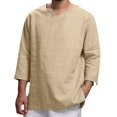 thumbnail image 1 of SWSMCLT Men's Cotton Thin Casual Blouse Linen Shirt 3/4 Sleeve Shirt V Neck Loose Lightweight Soft Spring Summer Beach Top Khaki Small, 1 of 4