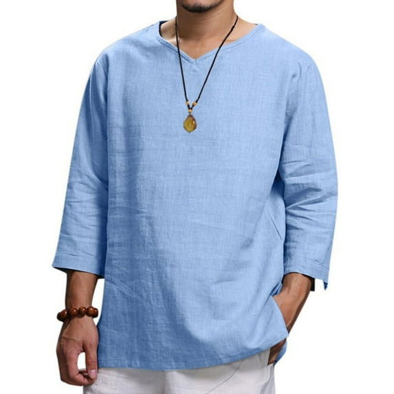 SWSMCLT Men's Cotton Thin Casual Blouse Linen Shirt 3/4 Sleeve Shirt V Neck Loose Lightweight Soft Spring Summer Beach Top Light Blue Small