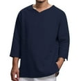 thumbnail image 1 of SWSMCLT Men's Cotton Thin Casual Blouse Linen Shirt 3/4 Sleeve Shirt V Neck Loose Lightweight Soft Spring Summer Beach Top Navy Large, 1 of 4