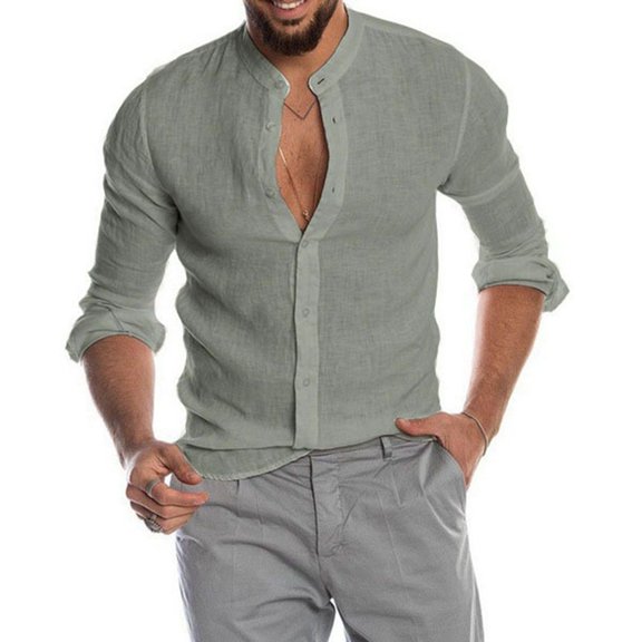 SWSMCLT Men's Beach Top Long Sleeve Shirts Linen Shirt Cotton Button Down Henley Shirt Solid Casual Holiday Summer Grey 3X-Large