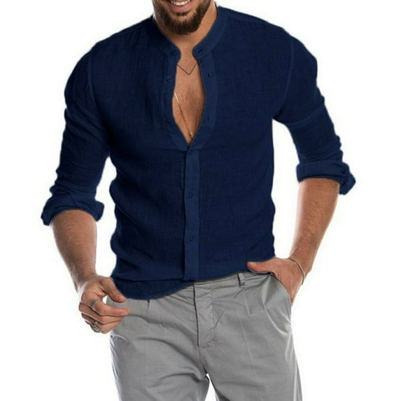 SWSMCLT Men's Beach Top Long Sleeve Shirts Linen Shirt Cotton Button Down Henley Shirt Solid Casual Holiday Summer Navy X-Large