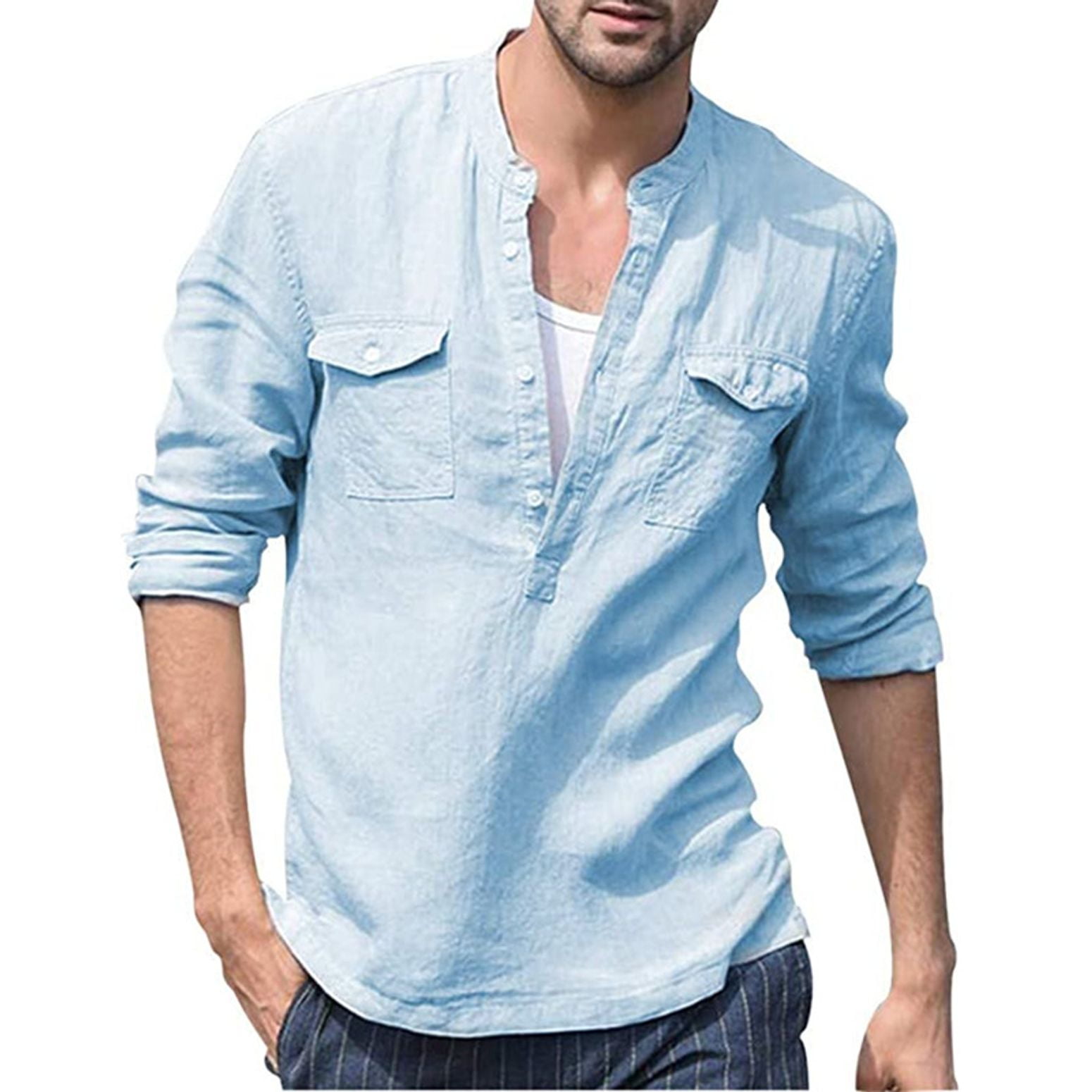 Jinda Men's Linen Shirt Soft Cotton Long Sleeve Half Button Shirt