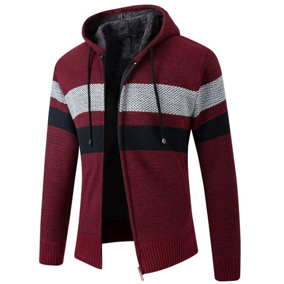 Jinda Men's Long Sleeve Cardigan Sweater Hooded Cardigan Sweater Warm Zip Up Full Zip Winter Cozy Fall Fitted Cardigan Red Small