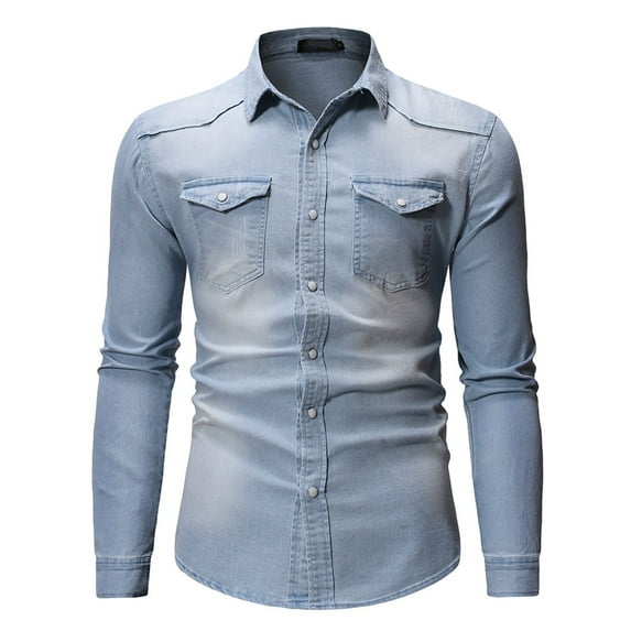 Jinda Men's Long Sleeve Denim Button Down Shirt Fitted Top Casual Basic Western Button Up Button Down Shirts Light Blue X-Large