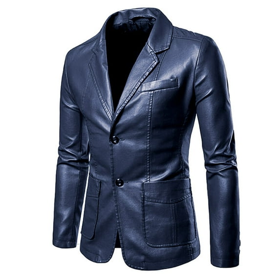 SWSMCLT Men's Blazer Jacket Fall Vintage Moto Biker Long Sleeve Faux Leather Jacket Slim Fit Notch Lapel Motorcycle Jackets Dark Blue 50