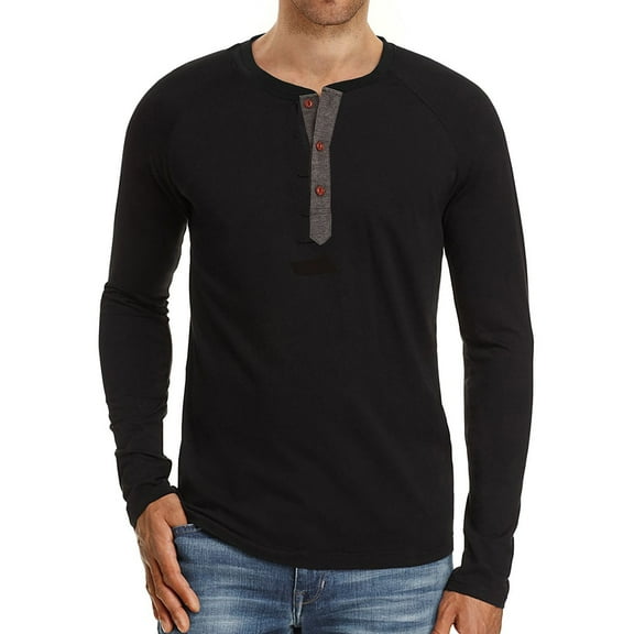 SWSMCLT Men's Cotton Soft Crew Neck Spring Long Sleeve Henley Shirt Basic Top Slimming Fall Pull On Light Thin Black Large