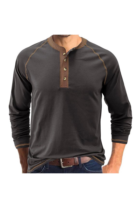 Jinda Men's Long Sleeve Henley Shirts 4 Button Soft Cotton Casual Tees Reglan Sleeve Tshirt Contrast Color Slim Fit Top Dark Grey XX-Large