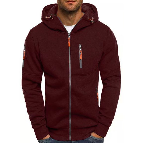 Jinda Men's Long Sleeve Hoodie Crop Sweatshirt Zip Up Fall Thick Warm Full Zip Casual Hooded Sweatshirt Burgundy Small