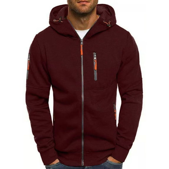 Jinda Men's Long Sleeve Hoodie Crop Sweatshirt Zip Up Fall Thick Warm Full Zip Casual Hooded Sweatshirt Burgundy X-Large