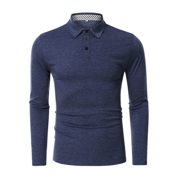 SWSMCLT Men's Slim Fit Fitted Basic Long Sleeve Polo Shirt V Neck Top Fall House Spring Soft Work Cotton Casual Dark Blue Medium