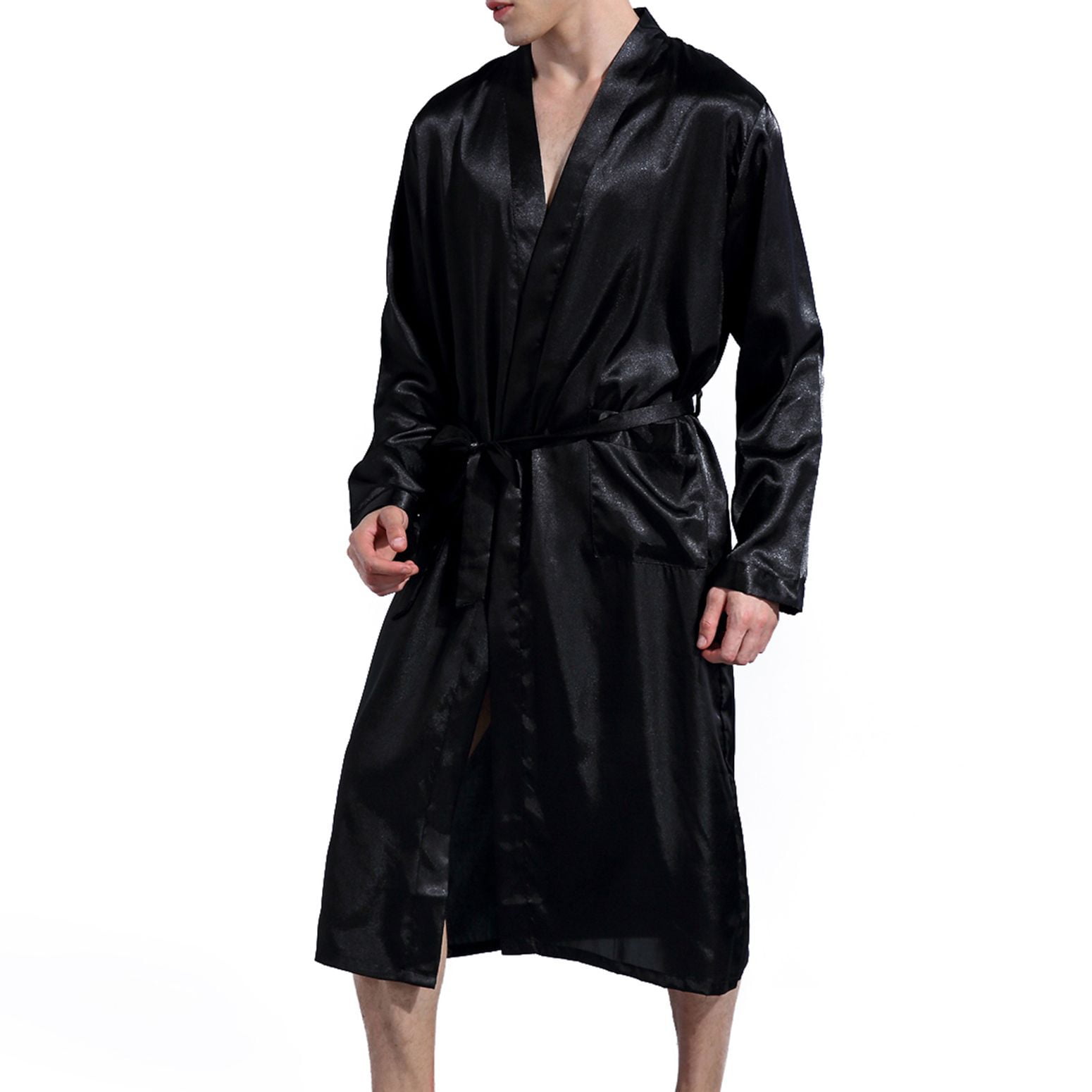 Jinda Men's Long Sleeve Satin Bath Robe Long Robes Summer Thin Fall