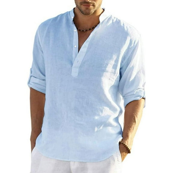 SWSMCLT Men's Long Sleeve Shirt Lightweight Blouse V Neck Tops Cotton Summer Half Sleeve Soft Beach Button Light Blue Medium