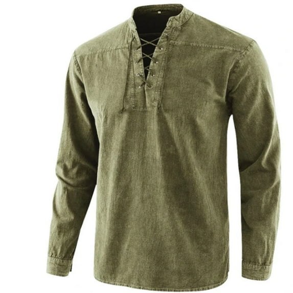 Jinda Men's Long Sleeve Shirt Vintage Blouse Summer Lace Up Fall Mock Neck Stretch Casual Spring Slimming Army Green Large