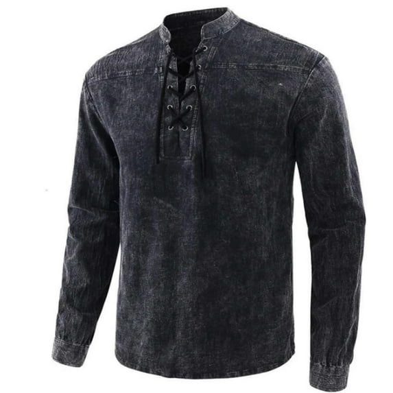 SWSMCLT Men's Long Sleeve Shirt Vintage Blouse Spring Slimming Summer Lace Up Fall Mock Neck Stretch Casual Black Large