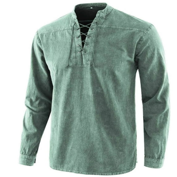 SWSMCLT Men's Long Sleeve Shirt Vintage Blouse Spring Slimming Summer Lace Up Fall Mock Neck Stretch Casual Green Large
