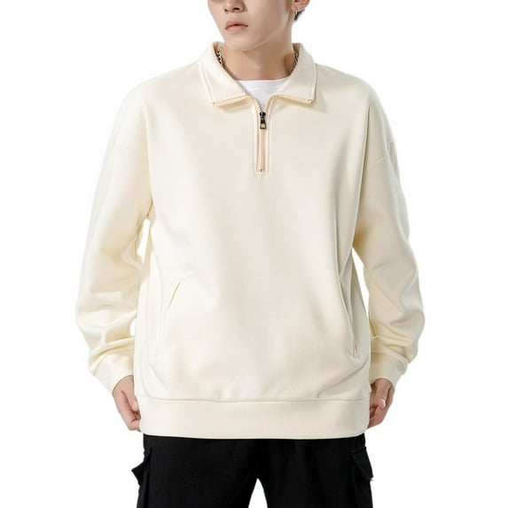 SWSMCLT Men's Crewneck Top Thermal Basic Polyester Zip Long Sleeve Sweatshirt Winter Hoodless Sweat Shirt Yellow 36