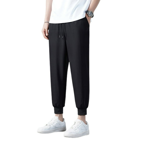 SWSMCLT Men's Stretch Pants Summer Ankle Long Sweatpants Pants Slim Fit Thin Comfy Pleated Track Jogging 69Black 40