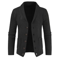 Jinda Men's Shawl Collar Sweater Soft Warm Casual Cable Knit Winter Knitwear Fall Long Sleeve V Neck Slim Fit Button Front Knitted Duster Cardigan with Pockets Black 40