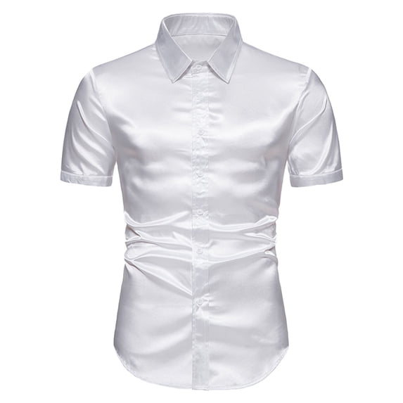 SWSMCLT Men's Button Down Shirt Short Sleeve Summer Casual Cool Button Satin Top Fitted Shirt Soft Fashion White Large