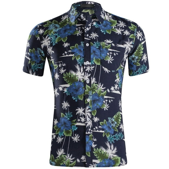 SWSMCLT Men's Aloha Button Up Shirt Cotton Loose Short Sleeve Button Down Shirt Hawaii Button Up Cool Pocket Top Summer Navy15 XX-Large