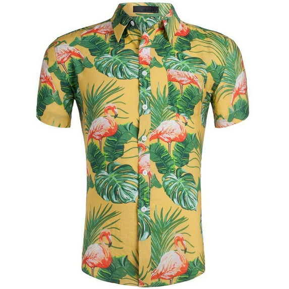 SWSMCLT Men's Aloha Button Up Shirt Cotton Loose Short Sleeve Button Down Shirt Hawaii Button Up Cool Pocket Top Summer Yellow4 XX-Large