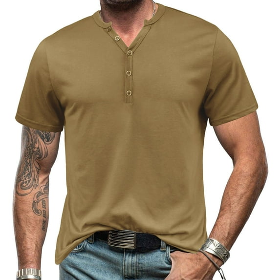 Jinda Men's Short Sleeve Henley Shirt Cotton T Shirt Slim Fit Soft Fashion Button Lightweight Casual Comfy Summer Solid Tee Army Green Medium