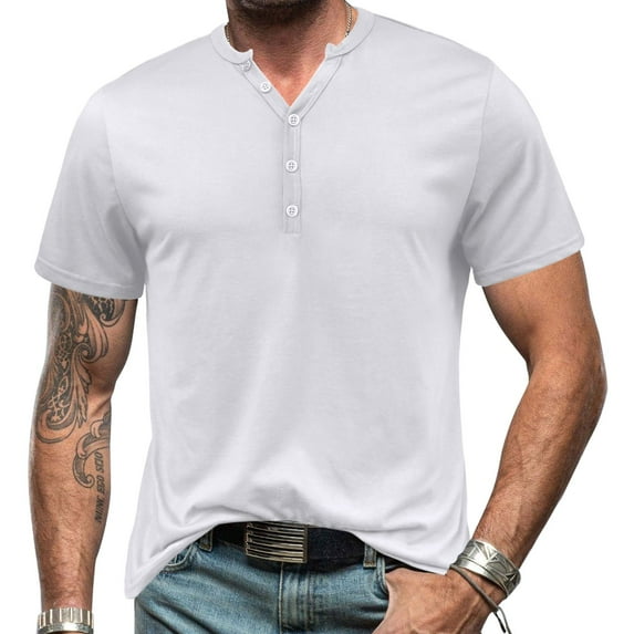 SWSMCLT Men's Short Sleeve Henley Shirt Summer Solid Tee Cotton T Shirt Slim Fit Soft Fashion Button Lightweight Casual Comfy White Large
