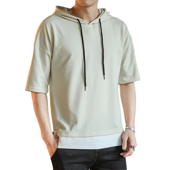 Jinda Men's Short Sleeve Hoodie Soft Summer Contrast Color Illusion Layered Loose Fit Cotton Tshirt Side Split Casual Fashion Hooded Top Light Green Large