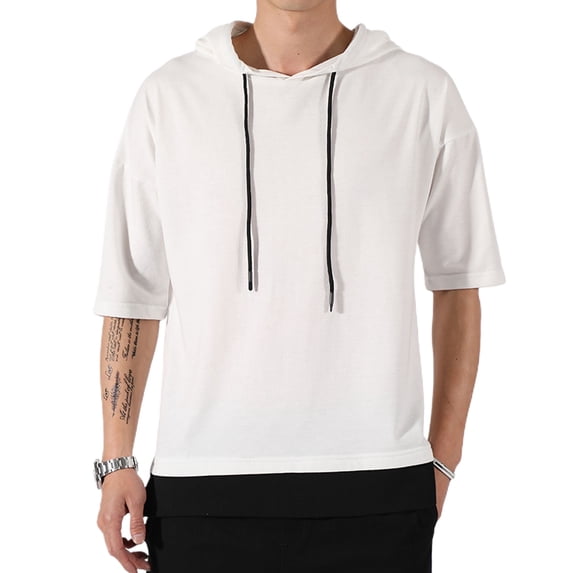 Jinda Men's Short Sleeve Hoodie Soft Summer Contrast Color Illusion Layered Loose Fit Cotton Tshirt Side Split Casual Fashion Hooded Top White X-Large