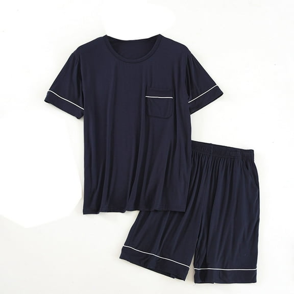 SWSMCLT Men's Short Sleeve Pajamas Soft Sleeping Lounge Thin Pj Set 2 Piece Short Modal Casual Spandex Cool Navy Large