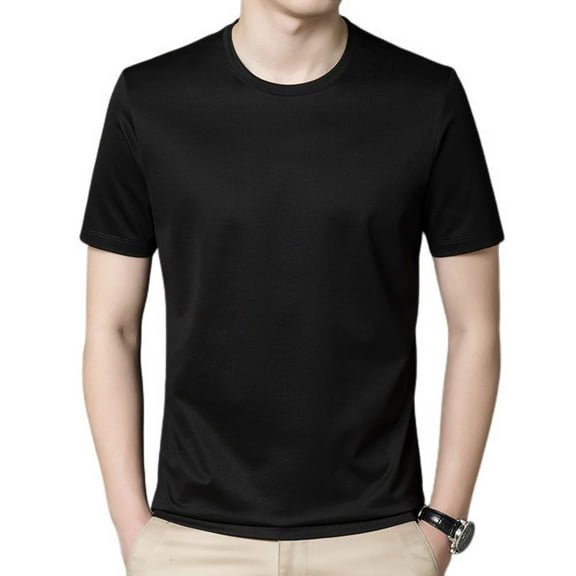 Jinda Men's Short Sleeve Shirt Solid Silk Slim Fit Top Basic Crew Neck Summer Tees Comfy Soft Casual Tshirt Black Medium