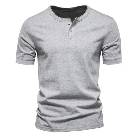 SWSMCLT Men's Short Sleeve Henley Shirts Button Classic Solid Soft T Shirt Fitted Cotton Top Lightweight Summer Tee Fall Thin Basic Light Grey Large