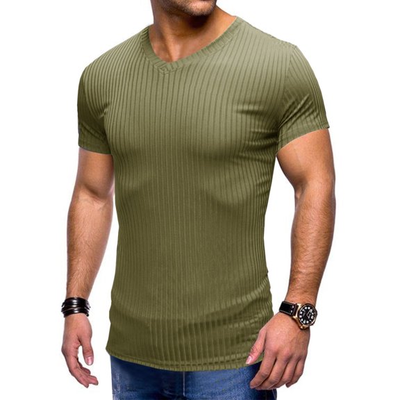 SWSMCLT Men's Ribbed Knit Summer Top Soft Fitted Stretch Short Sleeve T Shirt Casual Fashion Tshirt Cool Light Collared Polo Army Green X-Large